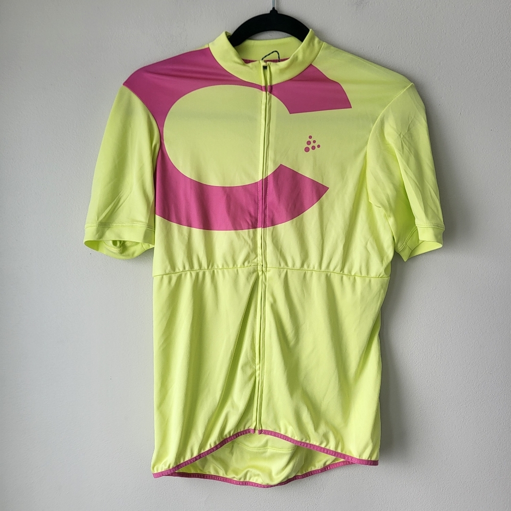 Craft High-Visibility Neon Yellow Cycling Jersey with Pink Graphic Sz M